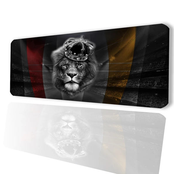 SonicTouch Aslan Kral Temalı Sarı Kırmızı Kaymaz Gaming Oyuncu Masaüstü Dikişsiz Siyah Klavye Mouse Pad 32x70Cm