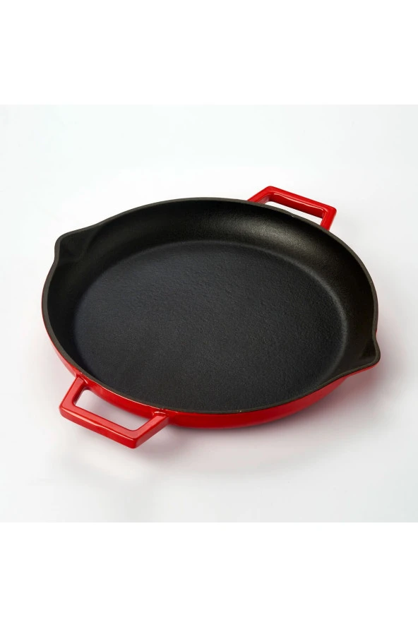 Döküm Yuvarlak Kızartma Tavası Döküm Demir Yekpare Çift Kulplu Çap(Ø)26cm. - Kırmızı - 2