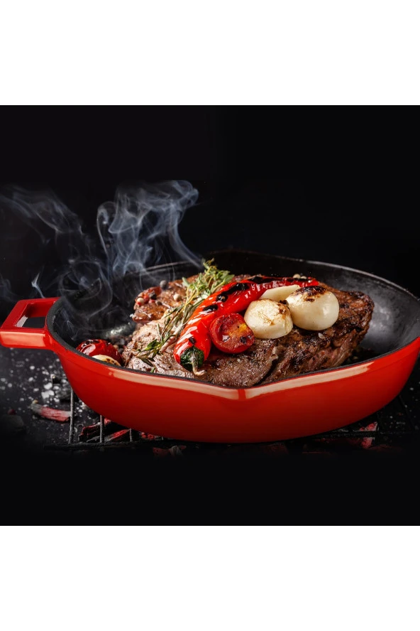Döküm Yuvarlak Kızartma Tavası Döküm Demir Yekpare Çift Kulplu Çap(Ø)26cm. - Kırmızı - 4