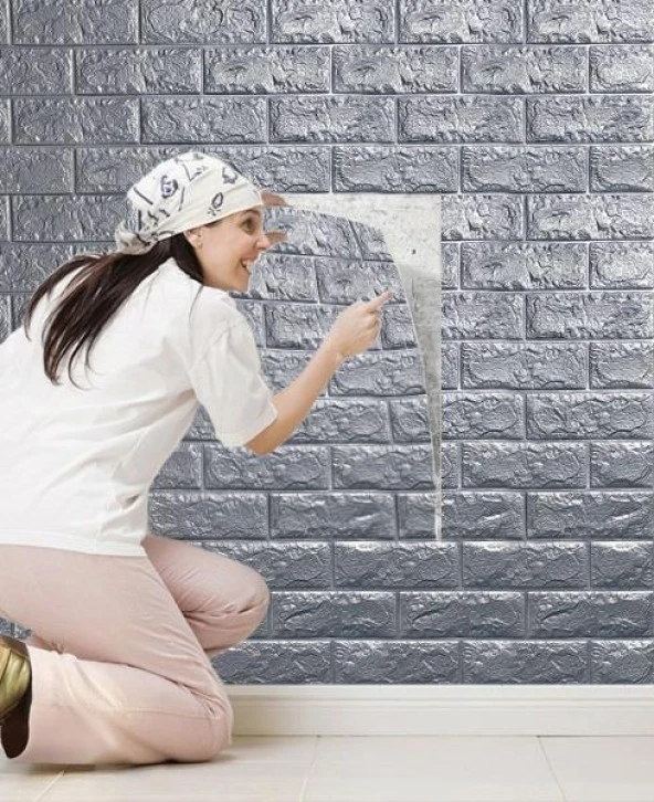 Gri Silinebilir Kendinden Yapışkanlı Duvar Kağıdı Esnek Köpük Panel 3D Tuğla Desen 35x38cm 1 Adet