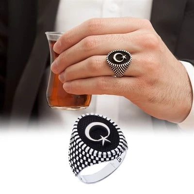 Ayyıldız Desenli Gümüş Erkek Yüzük - 3