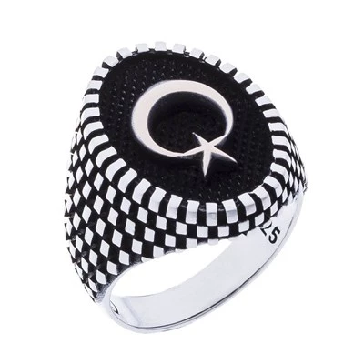 Ayyıldız Desenli Gümüş Erkek Yüzük - 2