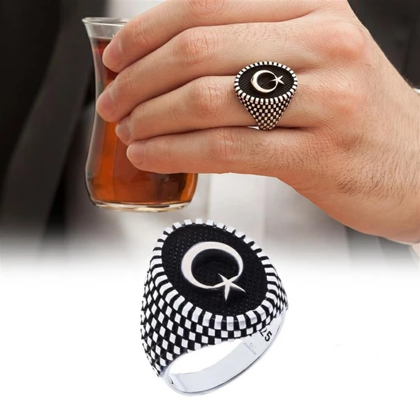 Ayyıldız Desenli Gümüş Erkek Yüzük - 5