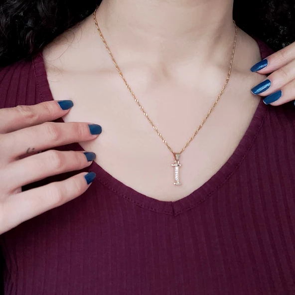 Altın Kaplama Zirkon Taşlı I Harfi Kadın Kolye KLY-306 - Resim 3