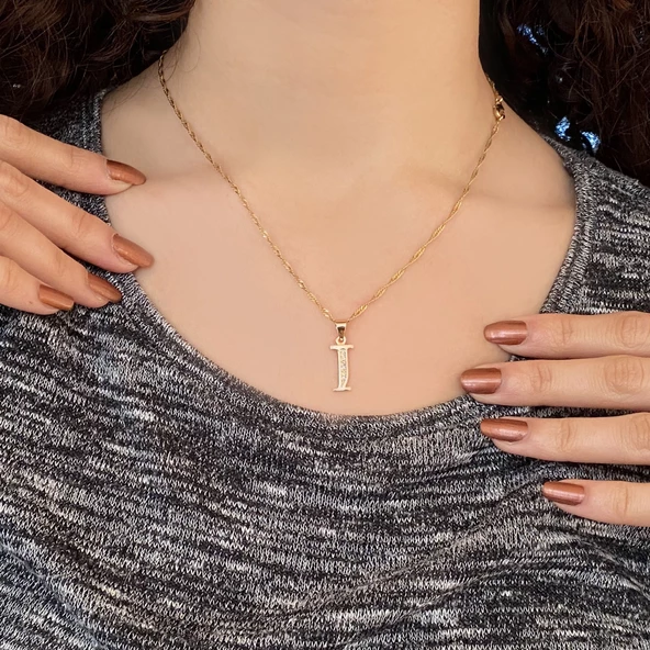 Altın Kaplama Zirkon Taşlı I Harfi Kadın Kolye KLY-306 - Resim 2