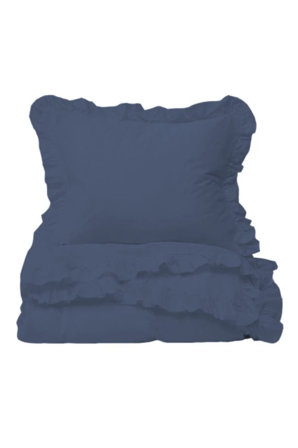 Vintage Fırfırlı Çift Kişilik Nevresim Takımı - Indigo Mavi - Resim 2