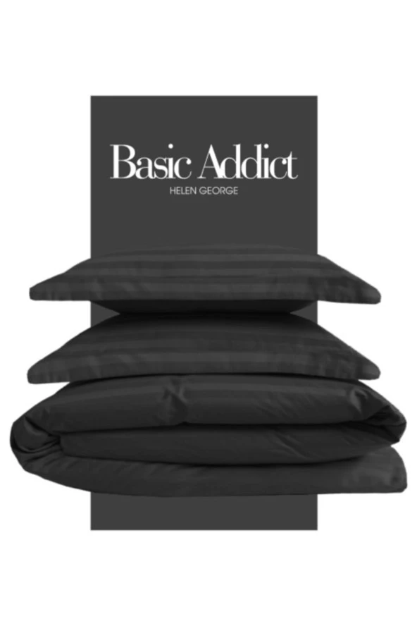 Basic Addict - Pamuk Saten Çizgili Çift Kişilik Nevresim Takımı/ Siyah ürün görseli