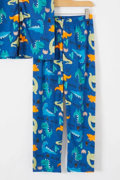 İndigo Dinozor Baskılı Düğmeli Erkek Çocuk Kısa Kol Pijama Takımı 18692 - 3
