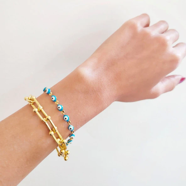 FerizZ 22 Ayar Altın Kaplama Açık Mavi Nazar Boncuklu Bileklik - Resim 2