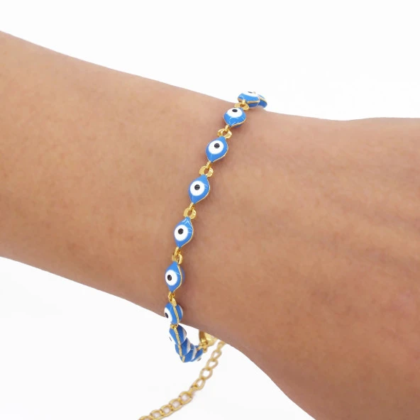 FerizZ 22 Ayar Altın Kaplama Açık Mavi Nazar Boncuklu Bileklik - Resim 3