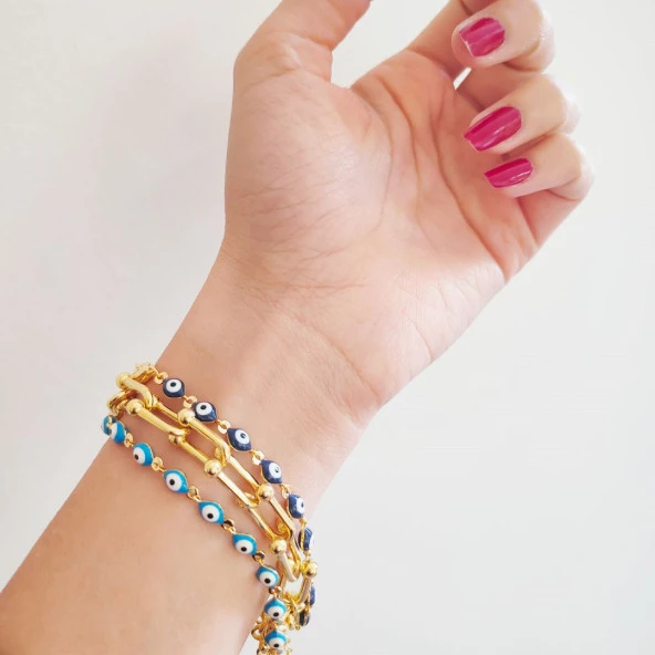 FerizZ 22 Ayar Altın Kaplama Açık Mavi Nazar Boncuklu Bileklik - Resim 6