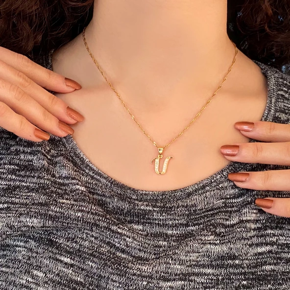 Altın Kaplama Zirkon Taşlı U Harfi Kadın Kolye  KLY-302 - Resim 2