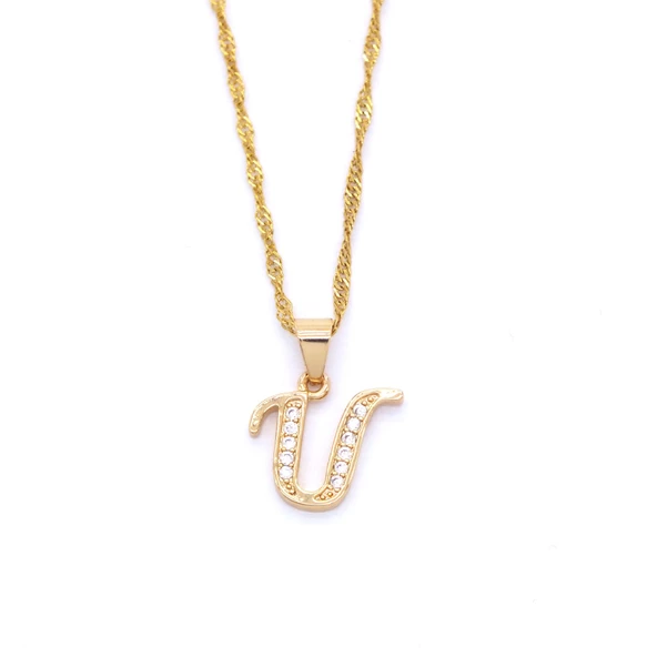 Altın Kaplama Zirkon Taşlı U Harfi Kadın Kolye  KLY-302 ürün görseli