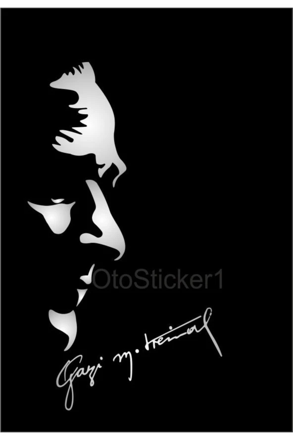 Atatürk Silüeti Ve Gazi Mustafa Kemal İmza özel yeni stickeri Gri 32*10 Cm