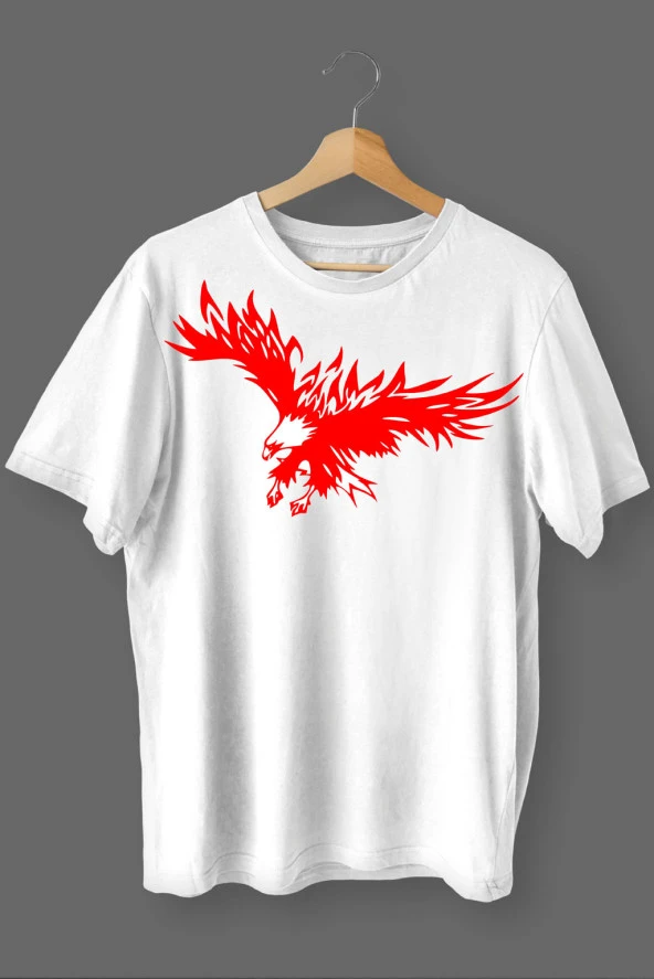 Kartal Baskılı Pamuklu Likralı T-shirt (Kırmızı Desenli Beyaz