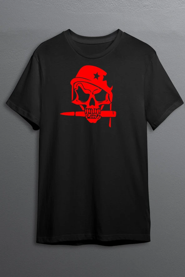 Kurukafa Baskılı Pamuklu Likralı T-shirt (Kırmızı Desenli Siyah