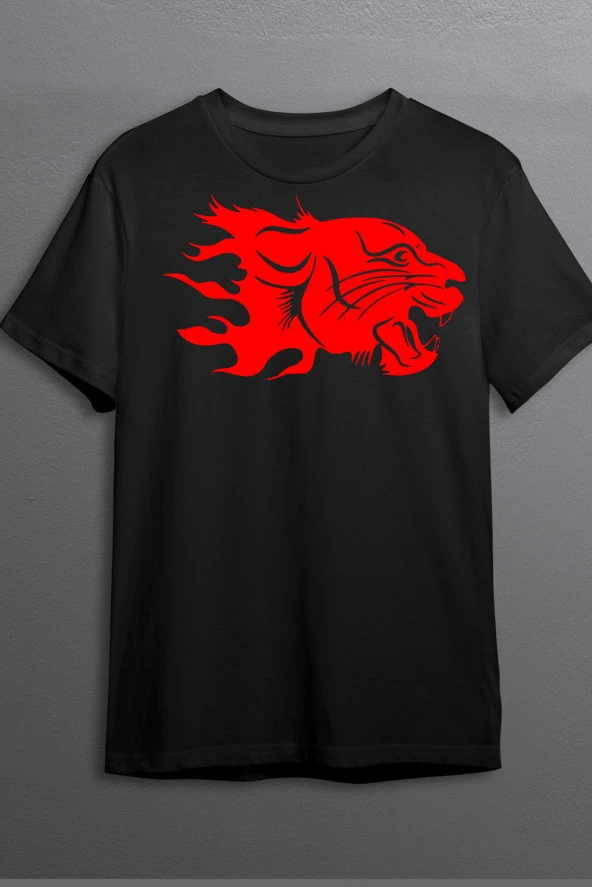 Kaplan Baskılı Pamuklu Likralı T-shirt (Kırmızı Desenli Siyah