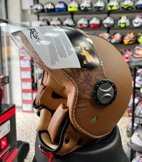 Sway 701 Deri Kaplı Yarı Camlı Elektrikli Bisiklet Motosiklet Scooter Kaskı L Beden Kahve - 3