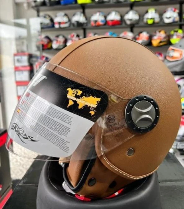 Sway 701 Deri Kaplı Yarı Camlı Elektrikli Bisiklet Motosiklet Scooter Kaskı XL Beden Kahve - 3