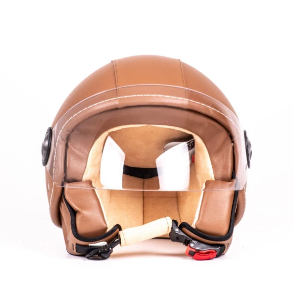 Sway 701 Deri Kaplı Yarı Camlı Elektrikli Bisiklet Motosiklet Scooter Kaskı XL Beden Kahve - 6