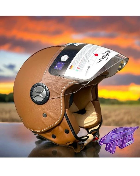 Sway 701 Deri Kaplı Yarı Camlı Elektrikli Bisiklet Motosiklet Scooter Kaskı XL Beden Kahve - 11
