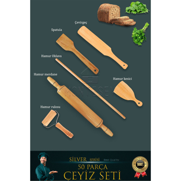 50 li Ahşap Ağaç Tahta Kaşık Oklava Merdane Mutfak Bıçak Silver Serisi Çeyiz Seti  ÇYZST1 - 2