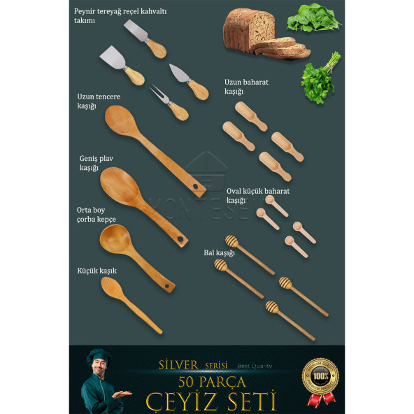 50 li Ahşap Ağaç Tahta Kaşık Oklava Merdane Mutfak Bıçak Silver Serisi Çeyiz Seti  ÇYZST1 - 3