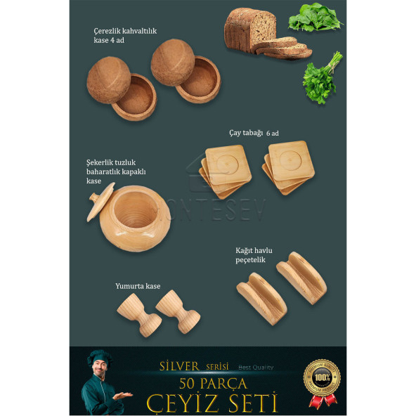 50 li Ahşap Ağaç Tahta Kaşık Oklava Merdane Mutfak Bıçak Silver Serisi Çeyiz Seti  ÇYZST1 - 5