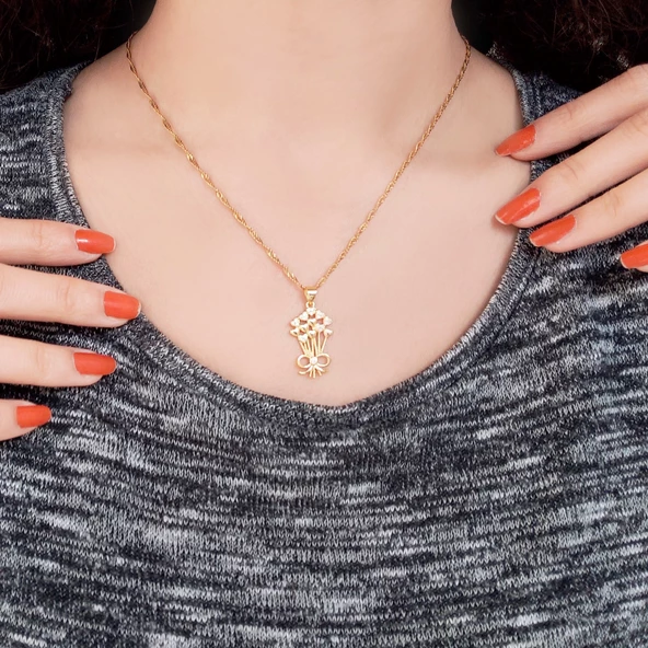 Çelik Kolye, Çiçek Kolye Altın Kaplama, Kadın Kolye KLY-328 - Resim 2