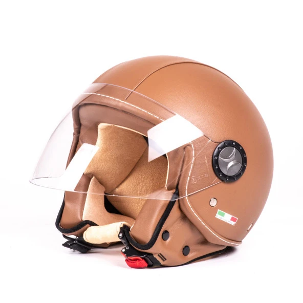 Sway 701 Deri Kaplı Yarı Camlı Elektrikli Bisiklet Motosiklet Scooter Kaskı 2XL Beden Kahve - 5