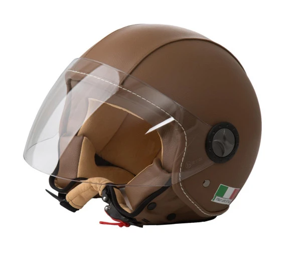 Sway 701 Deri Kaplı Yarı Camlı Elektrikli Bisiklet Motosiklet Scooter Kaskı 2XL Beden Kahve - 8
