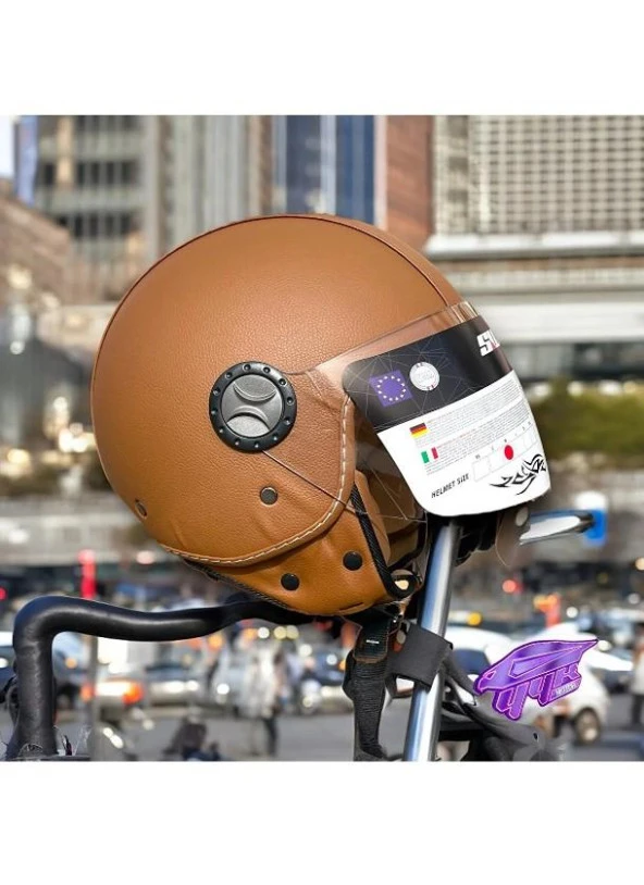Sway 701 Deri Kaplı Yarı Camlı Elektrikli Bisiklet Motosiklet Scooter Kaskı 2XL Beden Kahve - 10