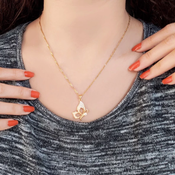 Çelik Kolye,Kelebek Kolye Altın Kaplama, Kadın Kolye KLY-326 - Resim 2