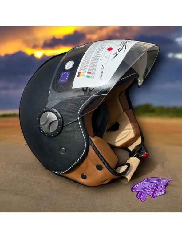 Sway 701 Deri Kaplı Yarı Camlı Elektrikli Bisiklet Motosiklet Scooter Kaskı 2XL Beden Siyah