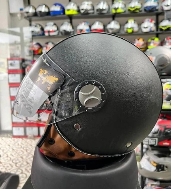 Sway 701 Deri Kaplı Yarı Camlı Elektrikli Bisiklet Motosiklet Scooter Kaskı 2XL Beden Siyah - 3
