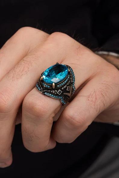 Aqua Mavi Taşlı 925 Gümüş Erkek Yüzük - Resim 6