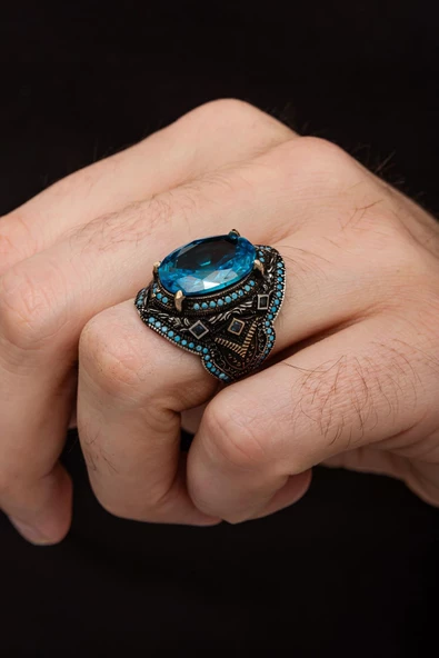 Aqua Mavi Taşlı 925 Gümüş Erkek Yüzük ürün görseli