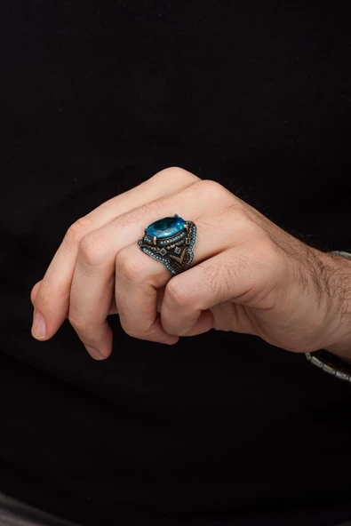 Aqua Mavi Taşlı 925 Gümüş Erkek Yüzük - Resim 3