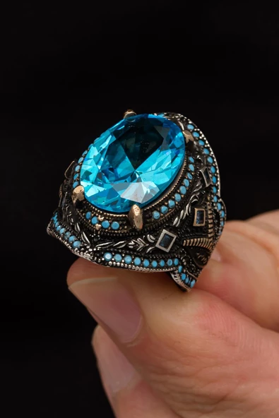 Aqua Mavi Taşlı 925 Gümüş Erkek Yüzük - Resim 5