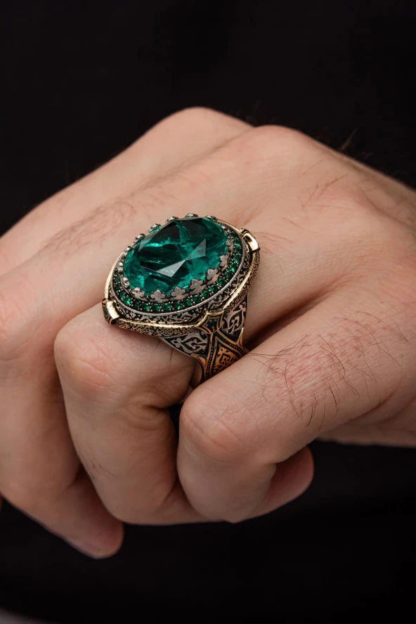 Yeşil Paraiba Taşlı Zorbey 925 Gümüş Erkek Yüzük - 7