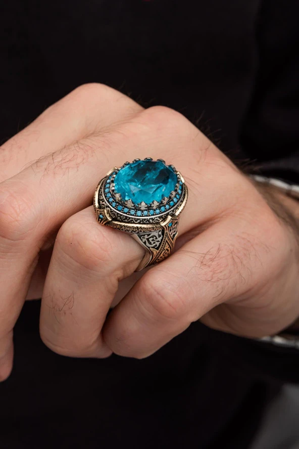 Yeşil Paraiba Taşlı Zorbey 925 Gümüş Erkek Yüzük - 10