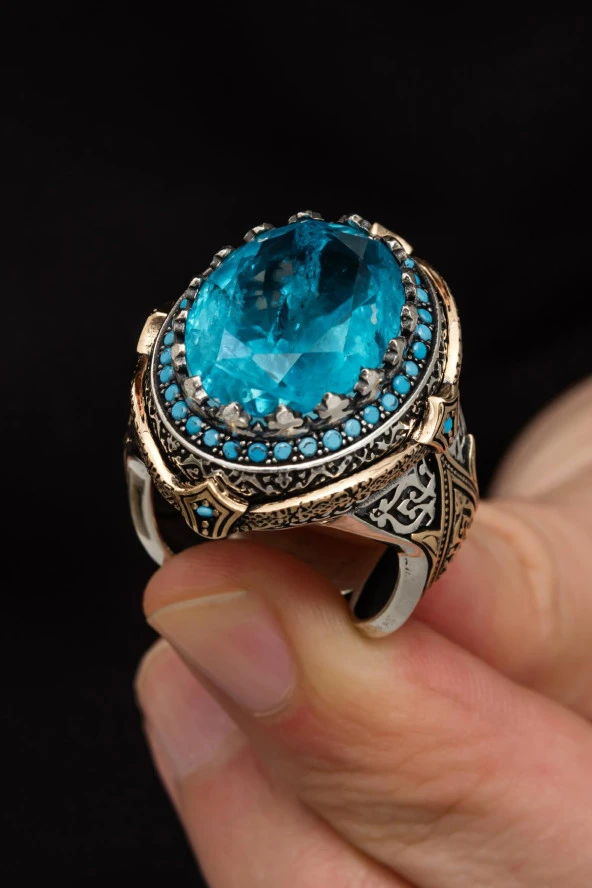 Yeşil Paraiba Taşlı Zorbey 925 Gümüş Erkek Yüzük - 12