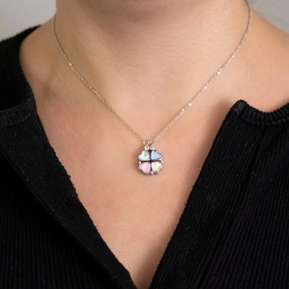 316L Çelik Renkli Taşlı Açılabilir Yonca Kolye KLY-570 - Resim 2