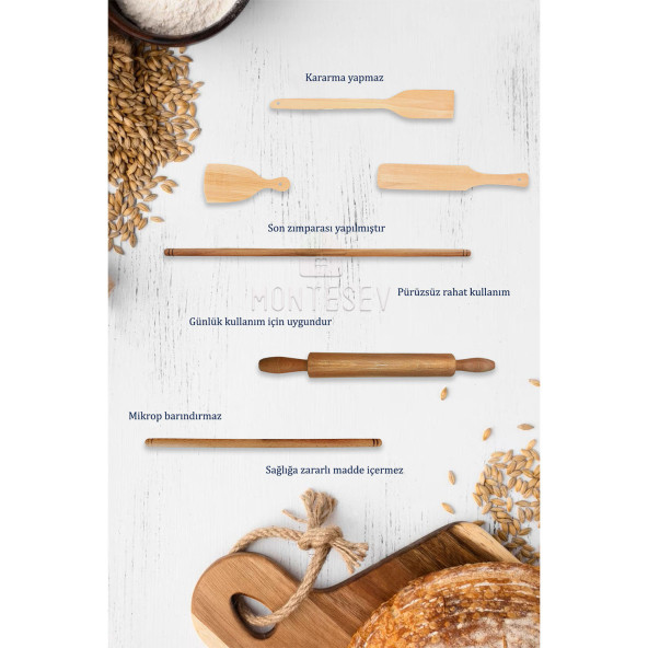 Zambak Serisi Ahşap Hamur Açma Oklavası Merdanesi Börek Seti 6 lı Set ECHO5 - 5