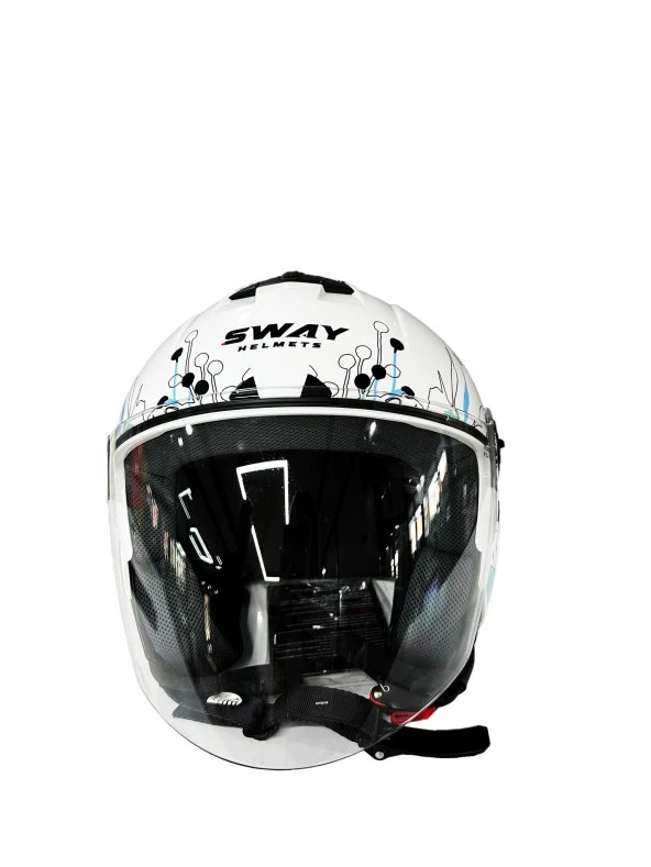 Sway 715 Şeffaf Vizörlü Yarım Motosiklet Scooter Kaskı M Beden Iris White Blue - Resim 7