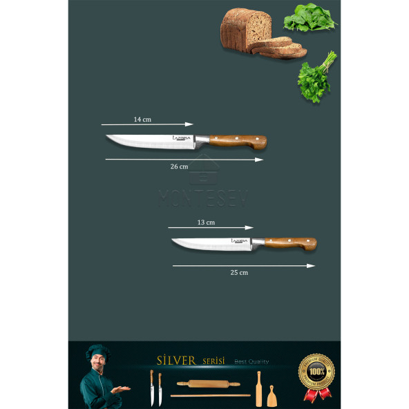 Silver Serisi Ahşap Hamur Açma Oklavası Merdanesi Lazbisa Mutfak Bıçak Börek Seti 6 lı Slvset4 - 4