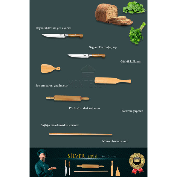 Silver Serisi Ahşap Hamur Açma Oklavası Merdanesi Lazbisa Mutfak Bıçak Börek Seti 6 lı Slvset4 - 6