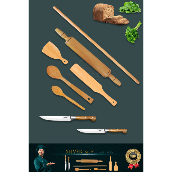 Silver Serisi Ahşap Hamur Açma Oklavası Merdanesi Lazbisa Mutfak Bıçak Börek Seti 8 li Slvset5 ürün görseli