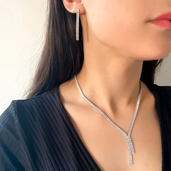 316L Çelik Zirkon Taşlı Su Yolu Kadın Set SET-143 - 2