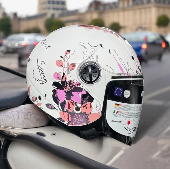 Sway 715 Şeffaf Vizörlü Yarım Motosiklet Scooter Kaskı XS Beden Iris White Pink ürün görseli